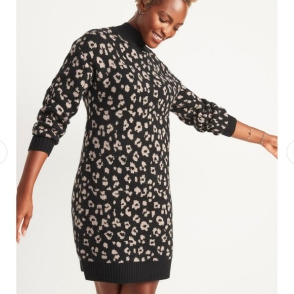 NWT Leopard-Print Mock-Neck Sweater Shift Dress - Picture 1 of 7